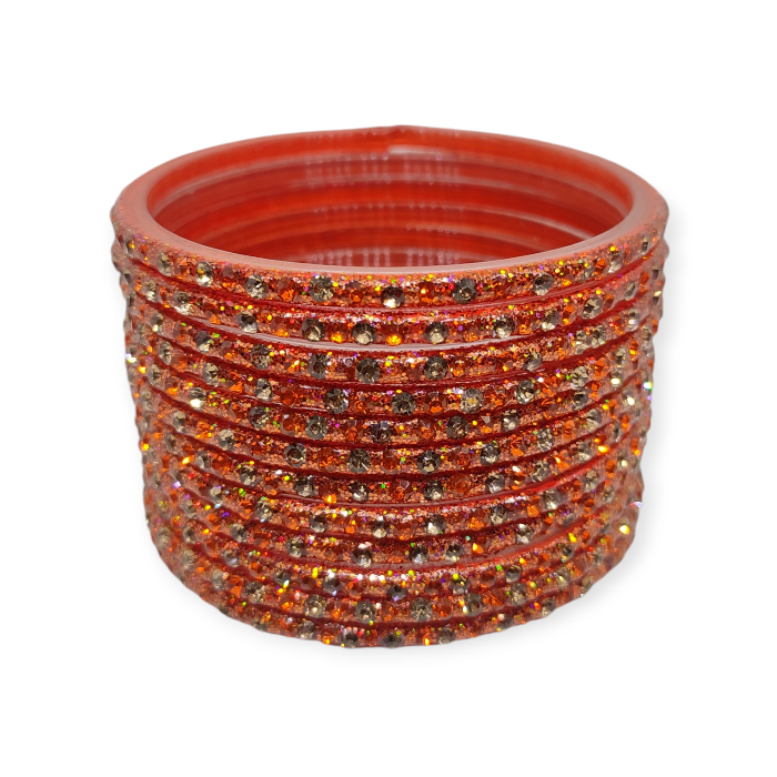 Fancy Stone Stud Glass Bangles, Pack of 12 Pieces, Orange Color - Image 3