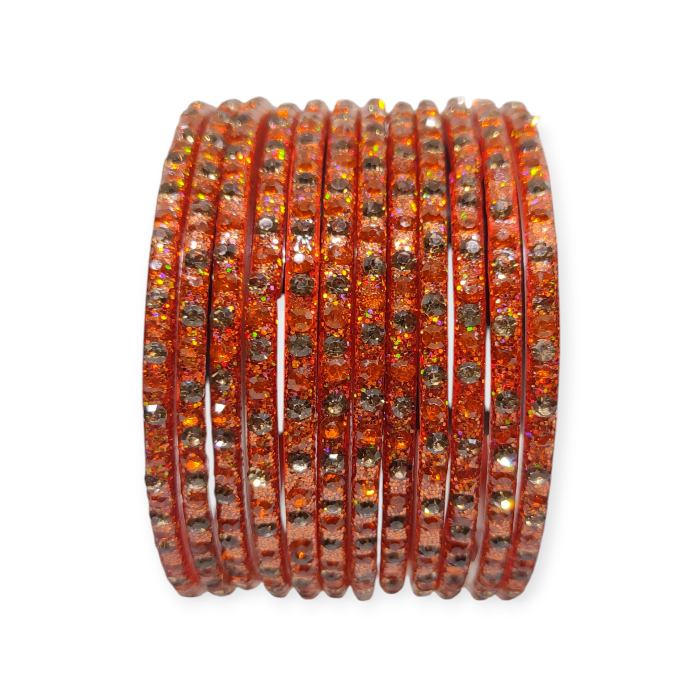 Fancy Stone Stud Glass Bangles, Pack of 12 Pieces, Orange Color - Image 2
