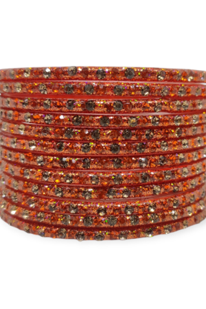 Fancy Stone Stud Glass Bangles, Pack of 12 Pieces, Orange Color