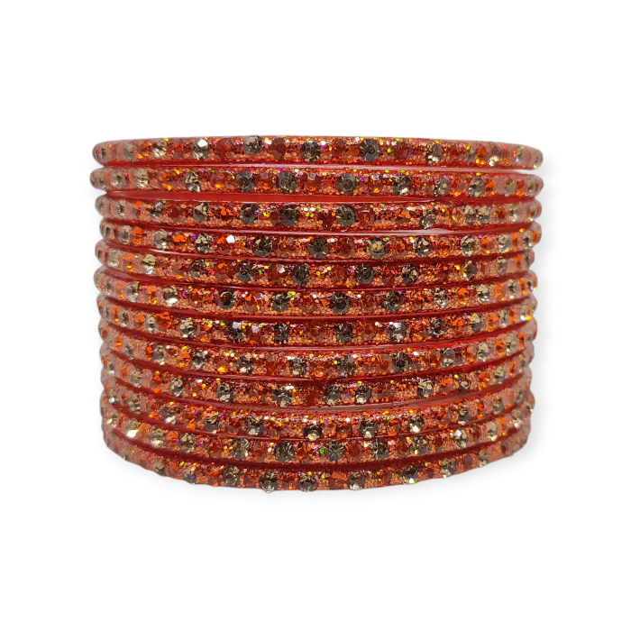 Fancy Stone Stud Glass Bangles, Pack of 12 Pieces, Orange Color