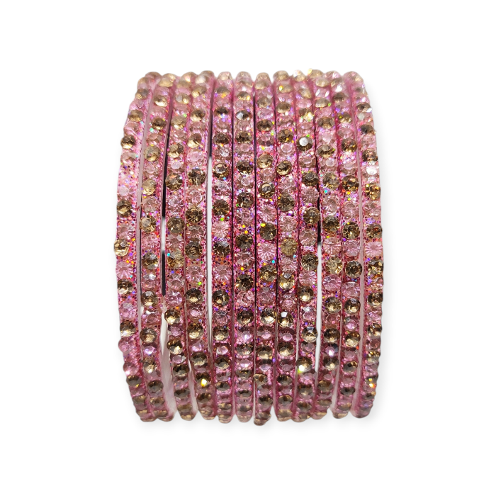 Fancy Stone Stud Glass Bangles, Pack of 12 Pieces, Pink Color - Image 3