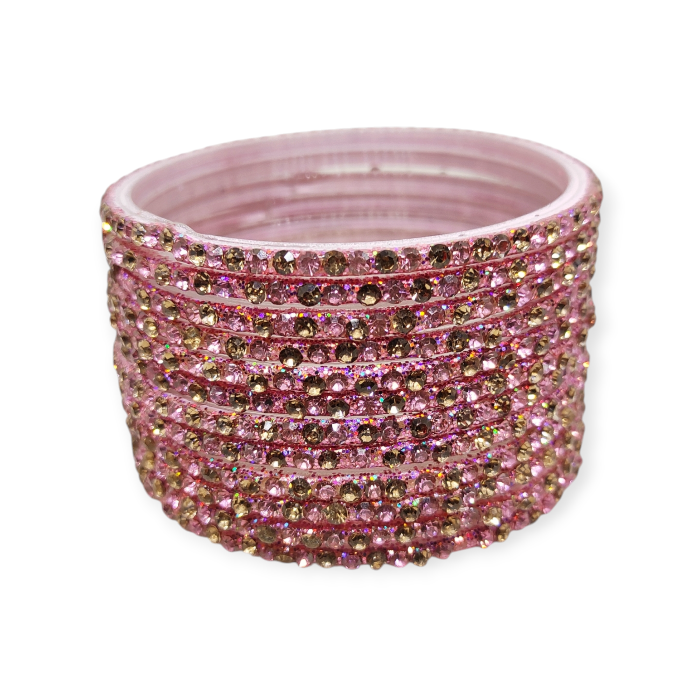 Fancy Stone Stud Glass Bangles, Pack of 12 Pieces, Pink Color - Image 2