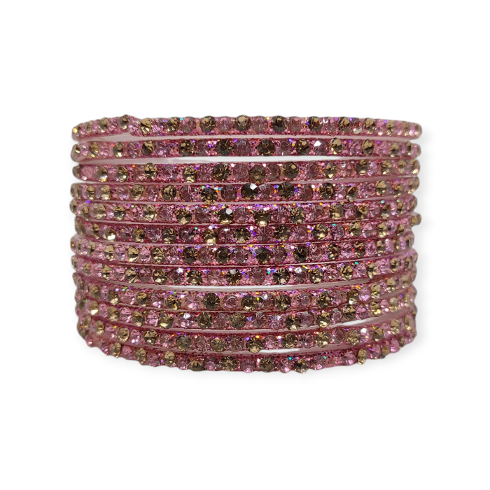 Fancy Stone Stud Glass Bangles, Pack of 12 Pieces, Pink Color