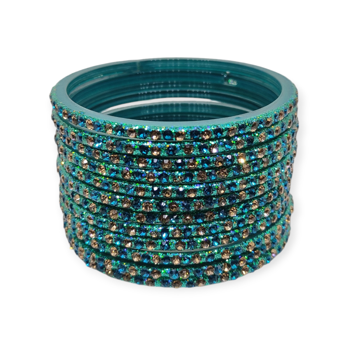 Fancy Stone Stud Glass Bangles, Pack of 12 Pieces, Radium Color - Image 2