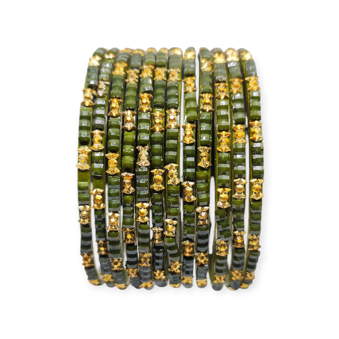 Fancy Beads Stud Glass Bangles, Pack of 12 Pieces, Mehndi Color - Image 3