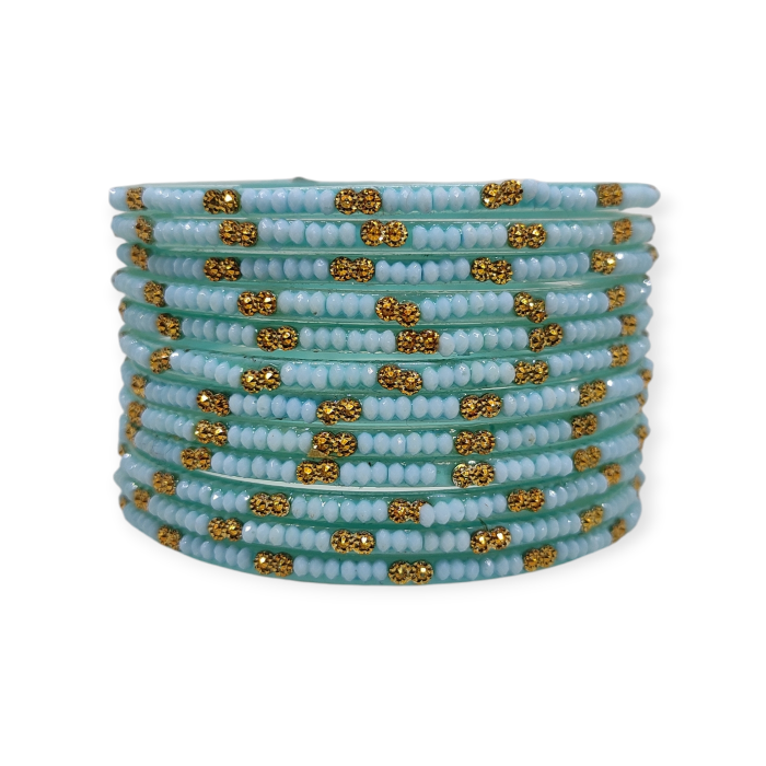 Fancy Beads Stud Glass Bangles, Pack of 12 Pieces, Surf Color