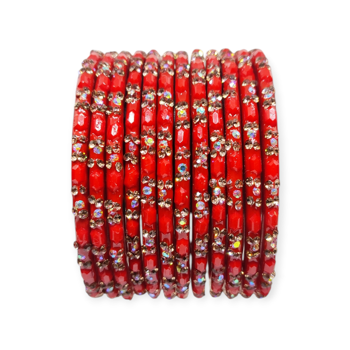 Fancy Stone Stud Glass Bangles, Pack of 12 Pieces, Red Color - Image 2