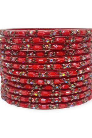 Fancy Stone Stud Glass Bangles, Pack of 12 Pieces, Red Color