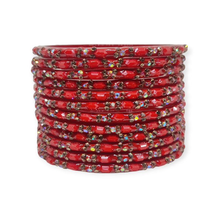 Fancy Stone Stud Glass Bangles, Pack of 12 Pieces, Red Color