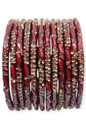 Fancy Stone Stud Glass Bangles, Pack of 12 Pieces, Maroon Color