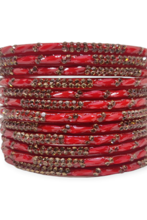 Fancy Stone Stud Glass Bangles, Pack of 12 Pieces, Red Color