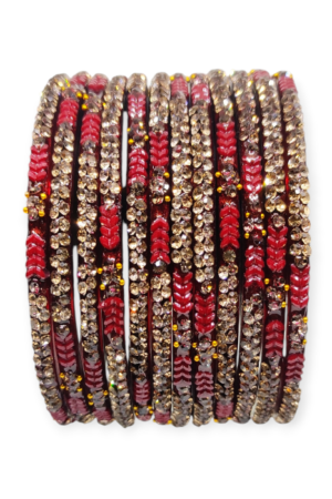 Fancy Stone Stud Glass Bangles, Pack of 12 Pieces, Maroon Color