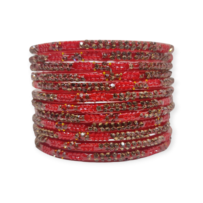 Fancy Stone Stud Glass Bangles, Pack of 12 Pieces, Red Color - Image 2