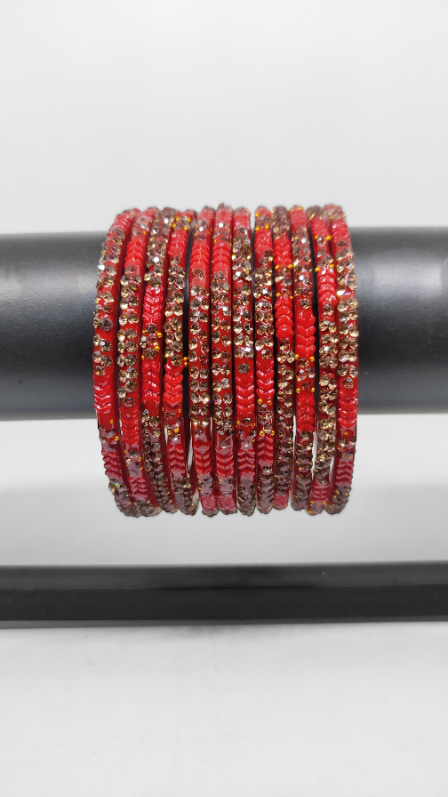 Fancy Stone Stud Glass Bangles, Pack of 12 Pieces, Red Color