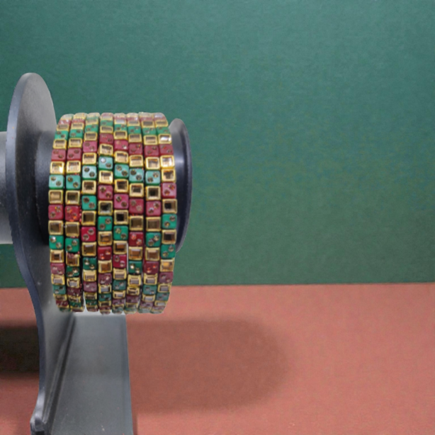 Fancy Stone Stud Glass Bangles, Pack of 8 Pieces, Maroon-Green Color - Image 2