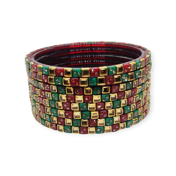 Fancy Stone Stud Glass Bangles, Pack of 8 Pieces, Maroon-Green Color