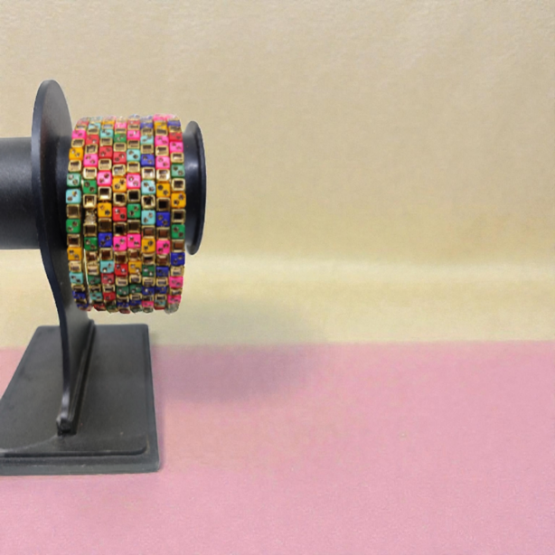 Fancy Stone Stud Glass Bangles, Pack of 8 Pieces, Multi Color - Image 2