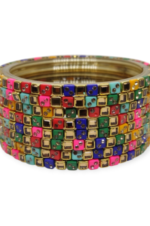 Fancy Stone Stud Glass Bangles, Pack of 8 Pieces, Multi Color