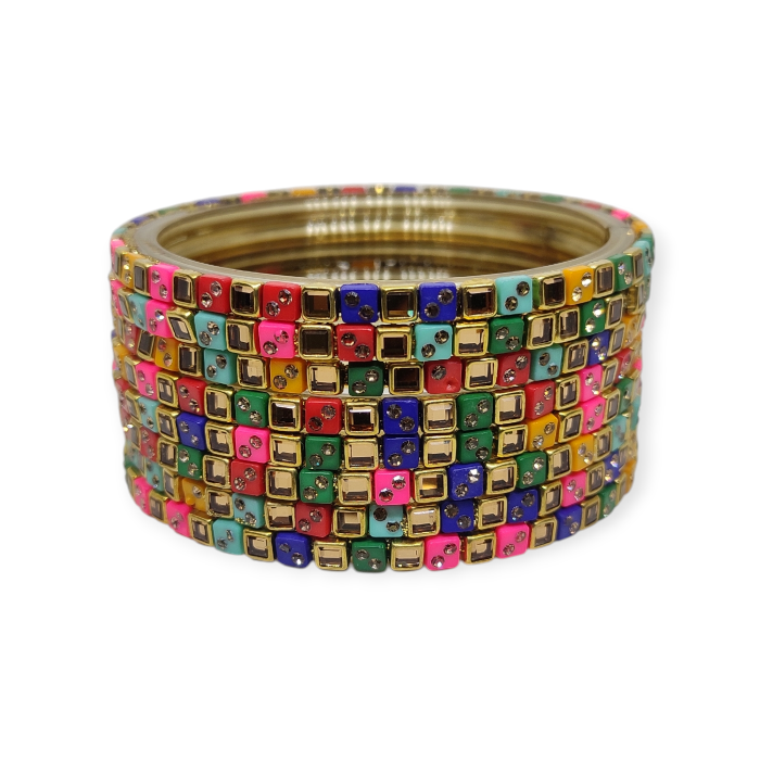 Fancy Stone Stud Glass Bangles, Pack of 8 Pieces, Multi Color