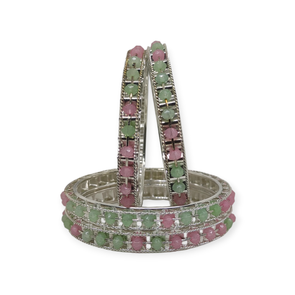 Beads Stud Metal Bangle/Kangan, Set of 4 Pieces, Silver Tone, Light Multi Color - Image 2