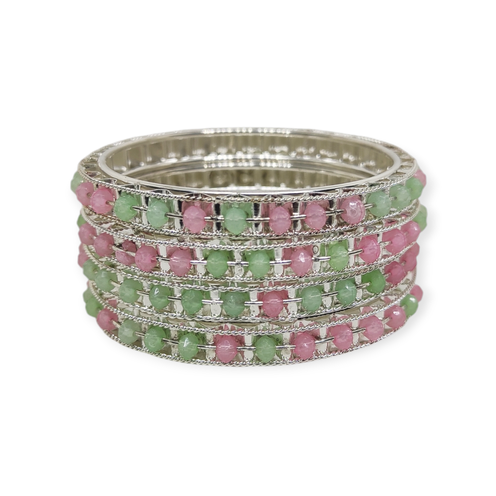 Beads Stud Metal Bangle/Kangan, Set of 4 Pieces, Silver Tone, Light Multi Color - Image 3