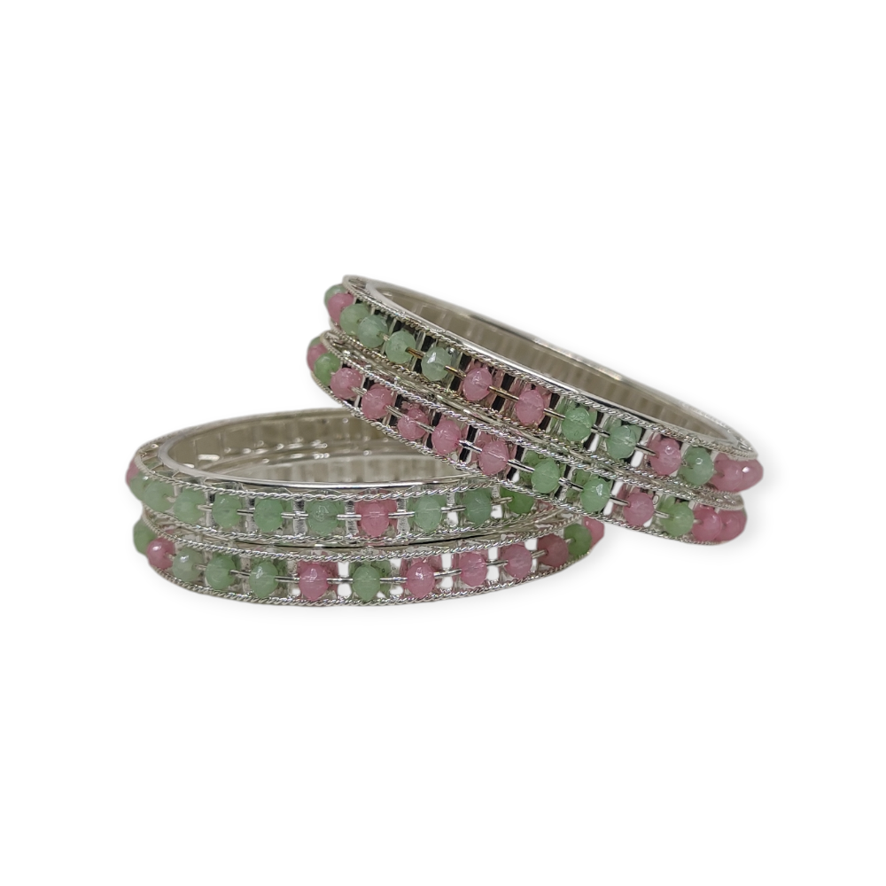 Beads Stud Metal Bangle/Kangan, Set of 4 Pieces, Silver Tone, Light Multi Color