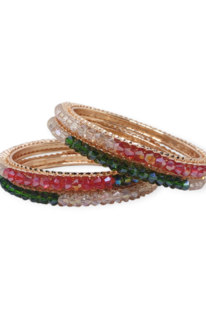 Beads Stud Metal Bangle/Kangan, Set of 4 Pieces, RoseGold Tone, Light Multi Color