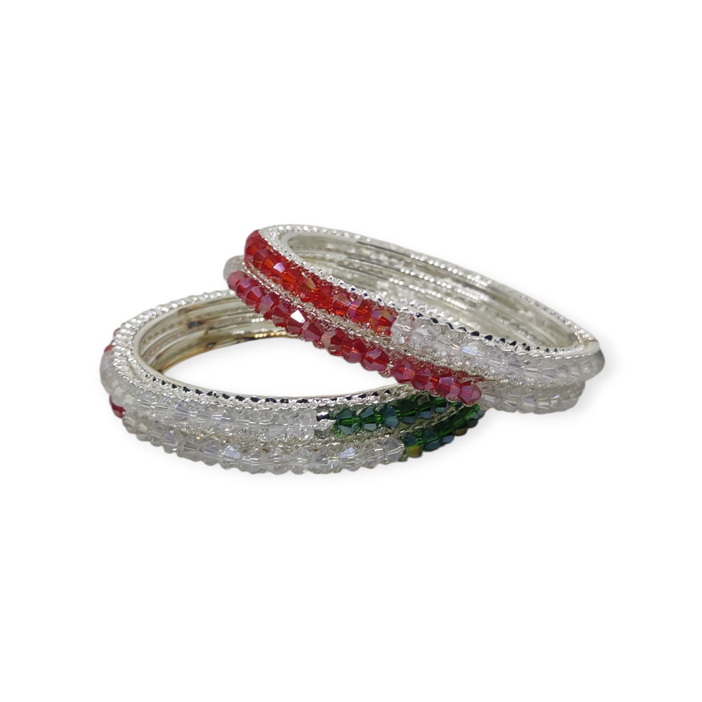 Beads Stud Metal Bangle/Kangan, Set of 4 Pieces, Silver Tone, Light Multi Color