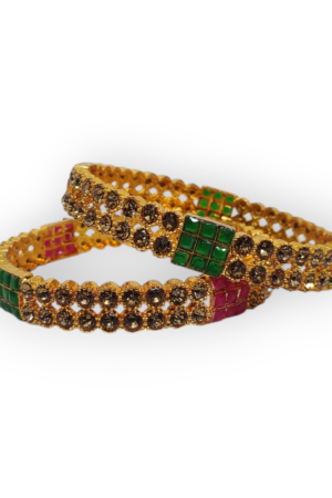 Mazak Metal Bangle/Kangan, Pack of 1 Pair (2 Pieces), Gold Tone, Multi Color